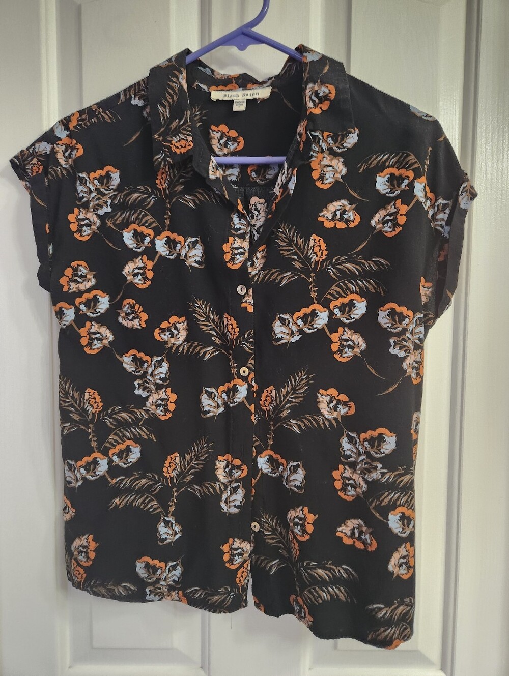 Black Rainn Black Floral Button-Front Blouse with Orange & Cream Accents
